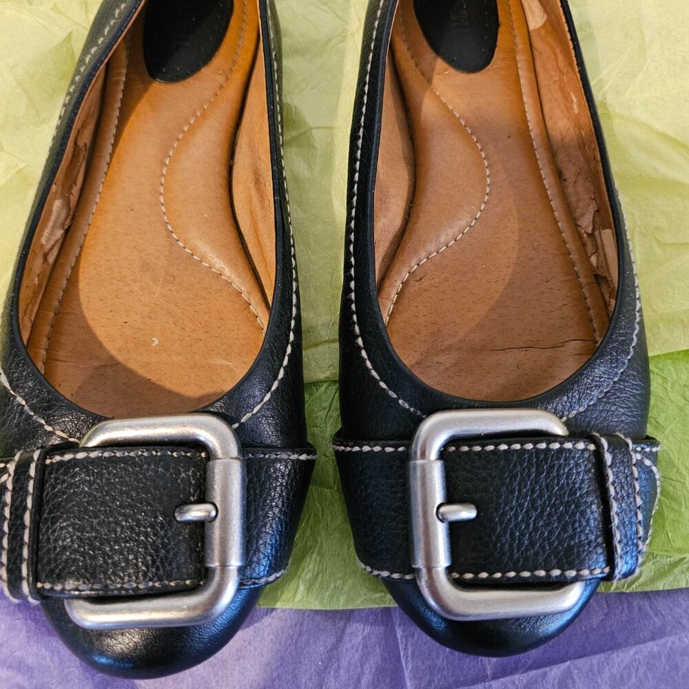 Fossil Black Leather Ballet Flats with Buckle Womens Size 8